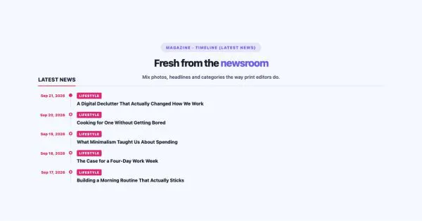 News & Magazine 10 section — Magazine Blocks · Timeline (latest news)