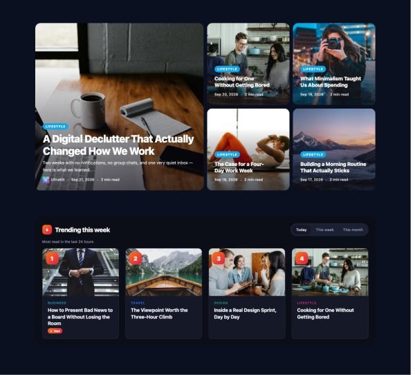 News & Magazine 100 section — Homepage · dark cover stories + trending cards