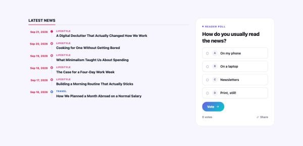 News & Magazine 102 section — Homepage · timeline of latest news + poll