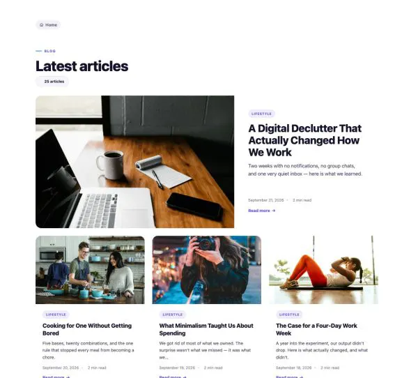 News & Magazine 106 section — Category page · breadcrumbs + magazine grid