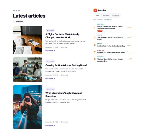 News & Magazine 107 section — Category page · list + trending sidebar