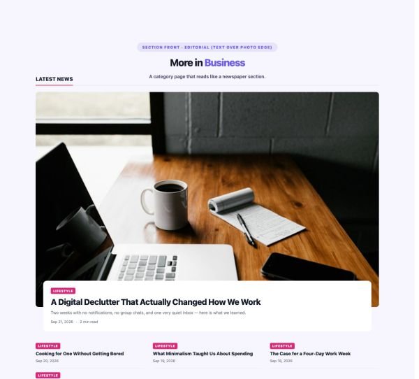 News & Magazine 12 section — Magazine Blocks · Editorial (text over photo edge)