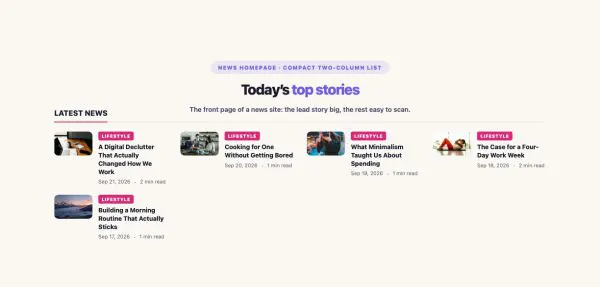 News & Magazine 13 section — Magazine Blocks · Compact two-column list