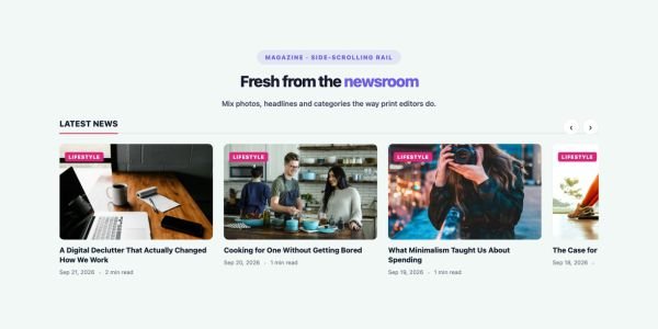 News & Magazine 14 section — Magazine Blocks · Side-scrolling rail