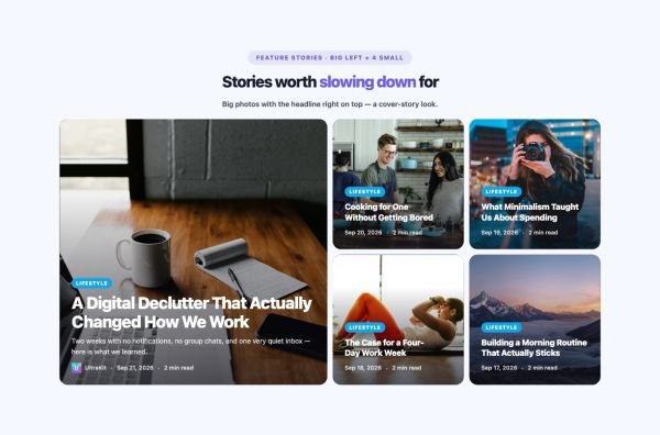 News & Magazine 15 section — Overlay Blog Layout · Big left + 4 small