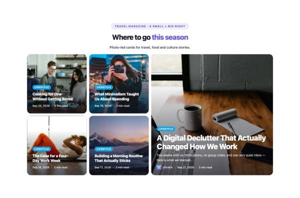 News & Magazine 16 section — Overlay Blog Layout · 4 small + big right
