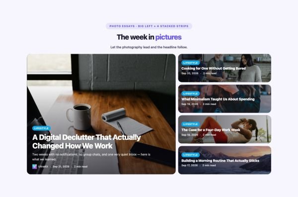 News & Magazine 17 section — Overlay Blog Layout · Big left + 4 stacked strips