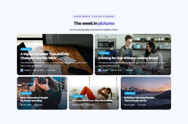 News & Magazine 20 section — Overlay Blog Layout · 2 on top + 3 below