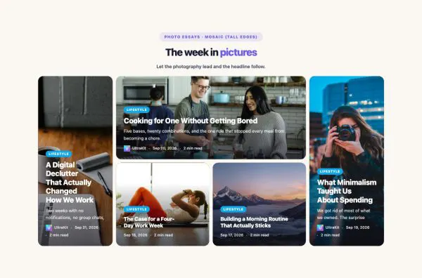 News & Magazine 23 section — Overlay Blog Layout · Mosaic (tall edges)