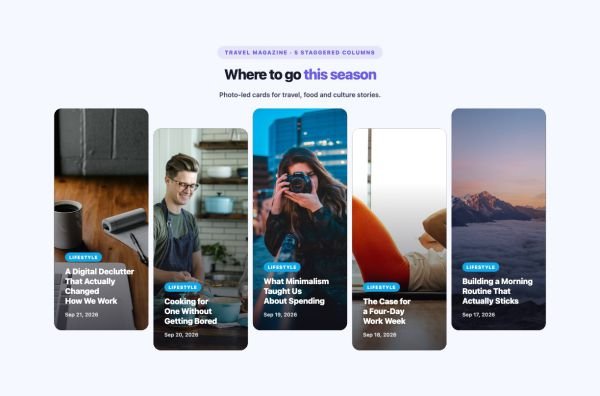 News & Magazine 25 section — Overlay Blog Layout · 5 staggered columns