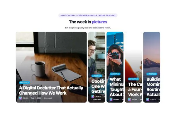 News & Magazine 26 section — Overlay Blog Layout · Expanding panels (hover to open)