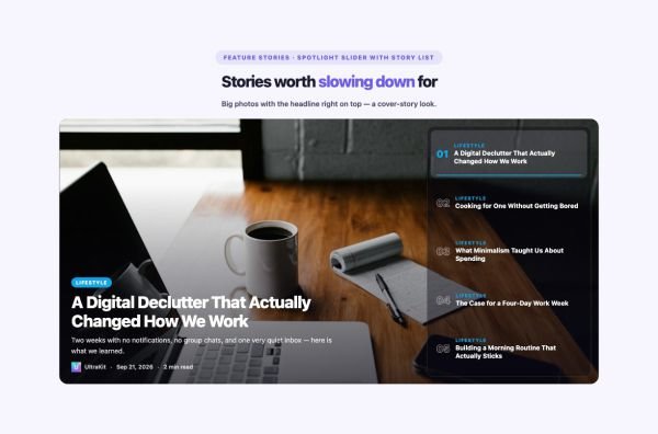 News & Magazine 27 section — Overlay Blog Layout · Spotlight slider with story list