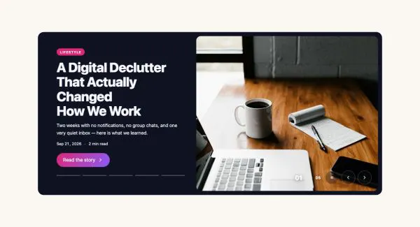 News & Magazine 38 section — Hero Slider · Split: text beside the photo