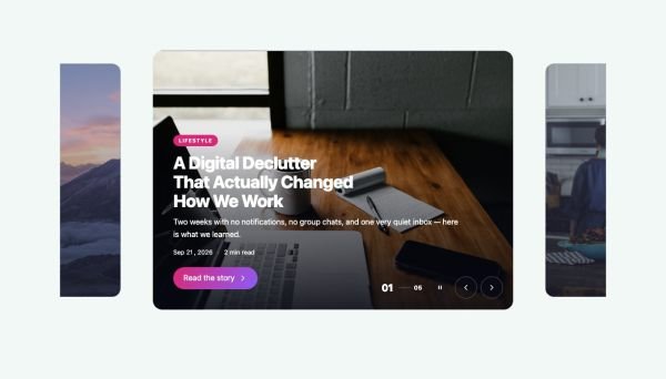 News & Magazine 39 section — Hero Slider · Center cards (neighbors peek in)