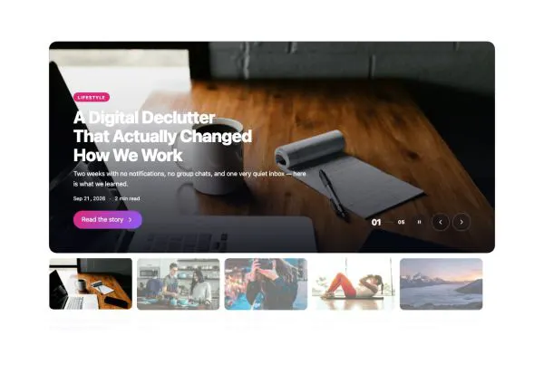 News & Magazine 41 section — Hero Slider · With a thumbnail strip