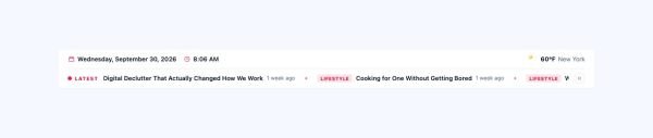 News & Magazine 45 section — News Top Bar · Two rows — utilities, then ticker