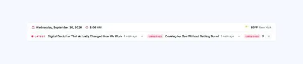 News & Magazine 45 section — News Top Bar · Two rows — utilities, then ticker