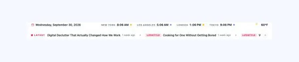 News & Magazine 51 section — News Top Bar · World clocks — several cities