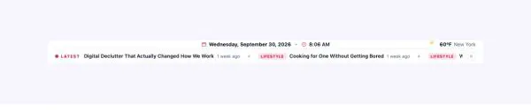News & Magazine 53 section — News Top Bar · Centered date & time