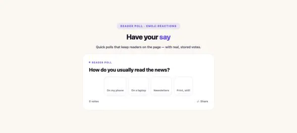 News & Magazine 64 section — Reader Poll · Emoji reactions