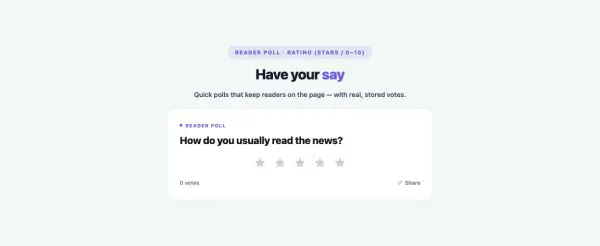 News & Magazine 65 section — Reader Poll · Rating (stars / 0–10)
