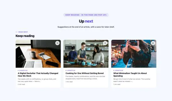 News & Magazine 91 section — Read Next · In the page (no pop-up)