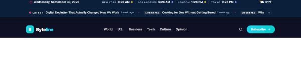 News & Magazine 95 section — World clocks bar + tech magazine header