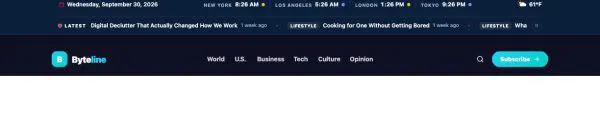 News & Magazine 95 section — World clocks bar + tech magazine header