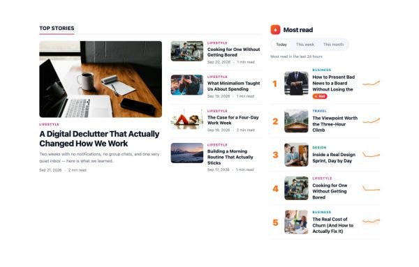 News & Magazine 97 section — Homepage · lead story + most read sidebar