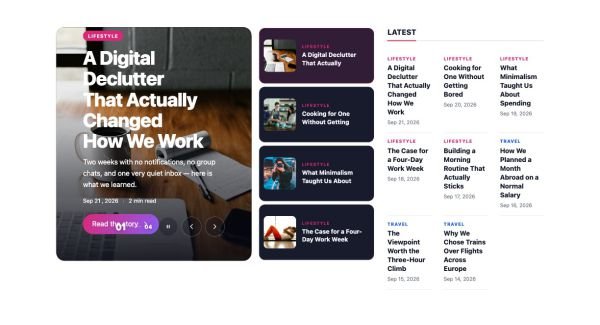 News & Magazine 99 section — Homepage · headline slider + latest headlines