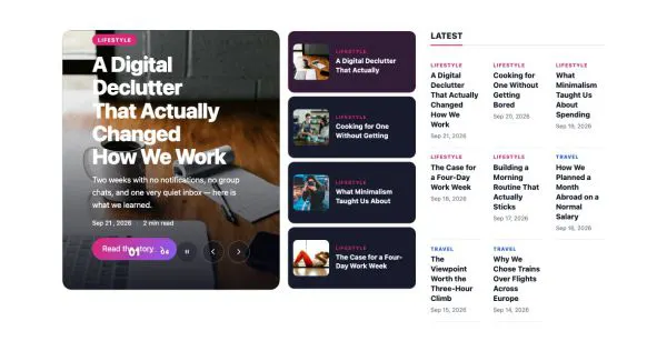 News & Magazine 99 section — Homepage · headline slider + latest headlines