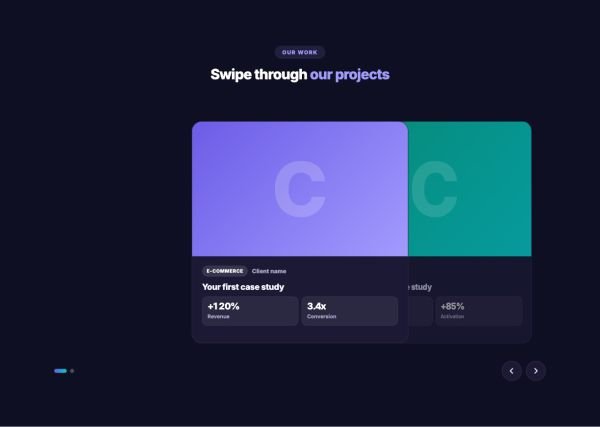 Portfolio 05 section — Case studies · coverflow dark