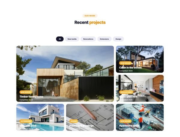 Portfolio 09 section — Building projects · filterable gallery