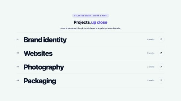 Portfolio 10 section — Hover Reveal List · Light & airy