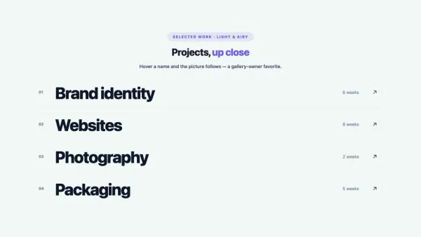 Portfolio 10 section — Hover Reveal List · Light & airy