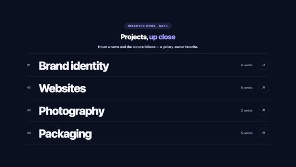 Portfolio 11 section — Hover Reveal List · Dark