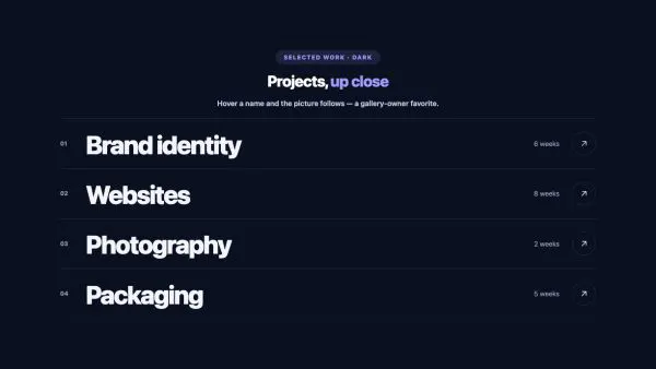 Portfolio 11 section — Hover Reveal List · Dark