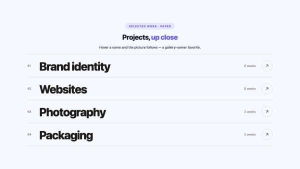 Portfolio 12 section — Hover Reveal List · Paper
