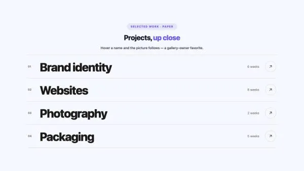 Portfolio 12 section — Hover Reveal List · Paper