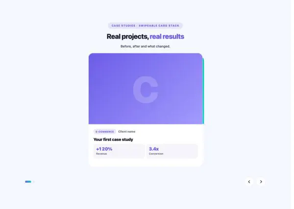 Portfolio 15 section — Case Study Slider · Swipeable card stack