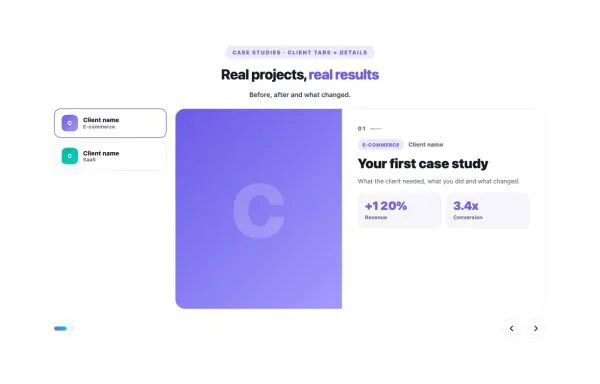 Portfolio 16 section — Case Study Slider · Client tabs + details