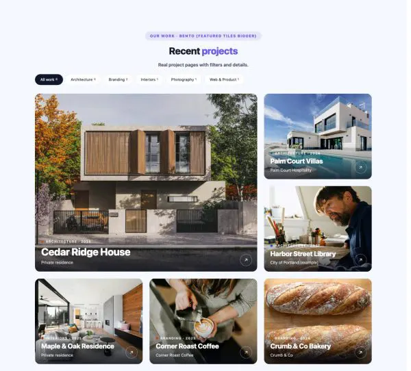 Portfolio 20 section — Projects · Bento (featured tiles bigger)