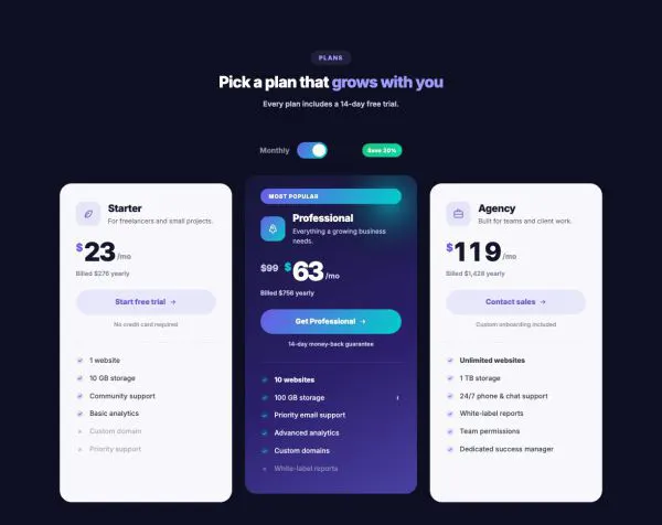 Pricing 02 section — Spotlight plans · dark
