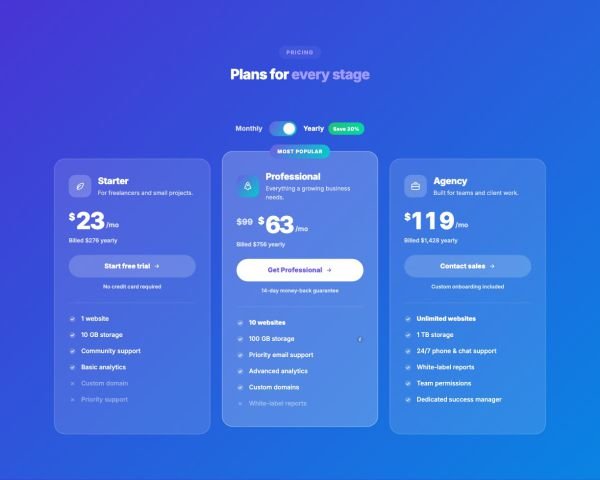 Pricing 03 section — Glass plans on gradient