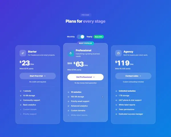 Pricing 03 section — Glass plans on gradient