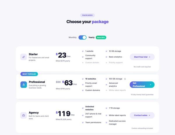 Pricing 04 section — Plans in rows