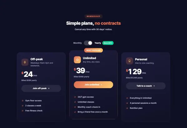 Pricing 06 section — Gym memberships