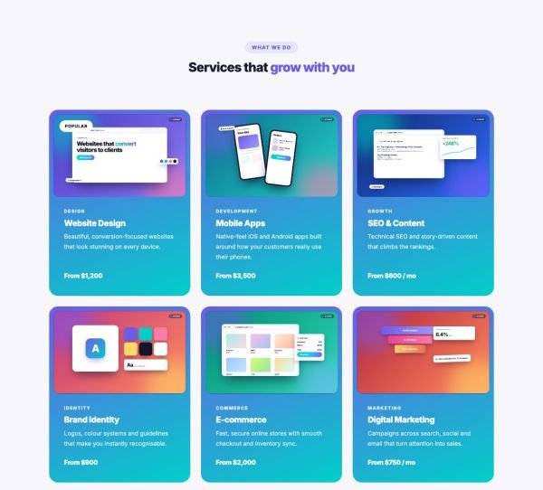 Services 02 section — Gradient cards