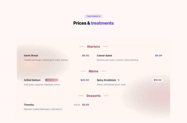 Services 05 section — Salon price list with photos