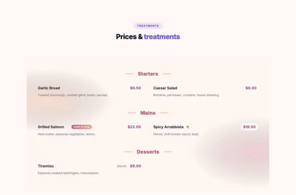 Services 05 section — Salon price list with photos